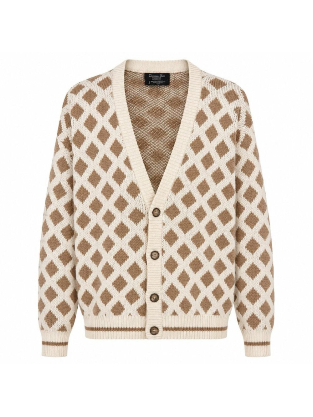 VTG Christian Dior Cream Brown Argyle Grandpa Cardigan 100% Cotton Made In USA M